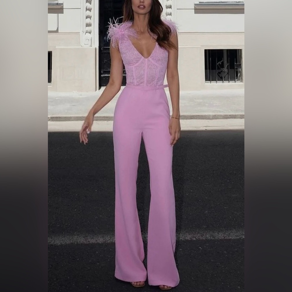 NADINE MERABI Ostrich Feather Lace Bodice Jumpsuit in Pink sz 10 - Picture 1 of 6